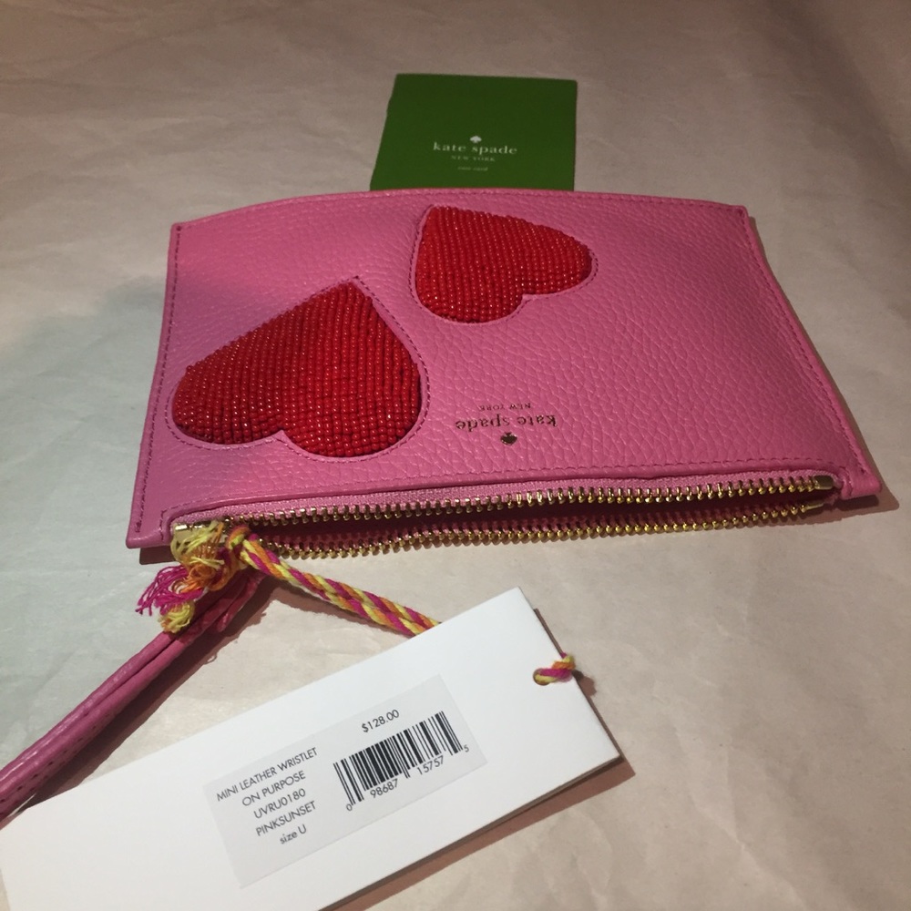 Kate spade mini leather pink Wristlet red hearts - Picture 8 of 8